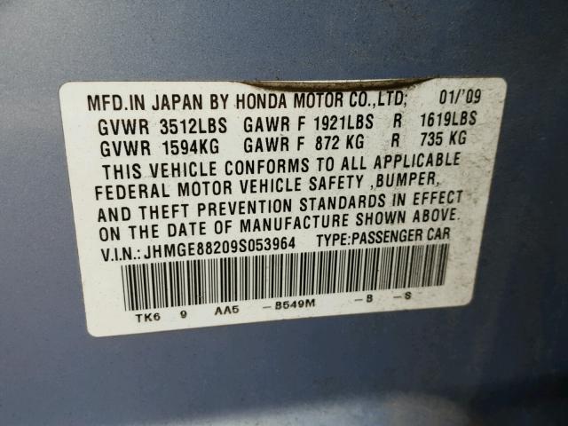 JHMGE88209S053964 - 2009 HONDA FIT BLUE photo 10