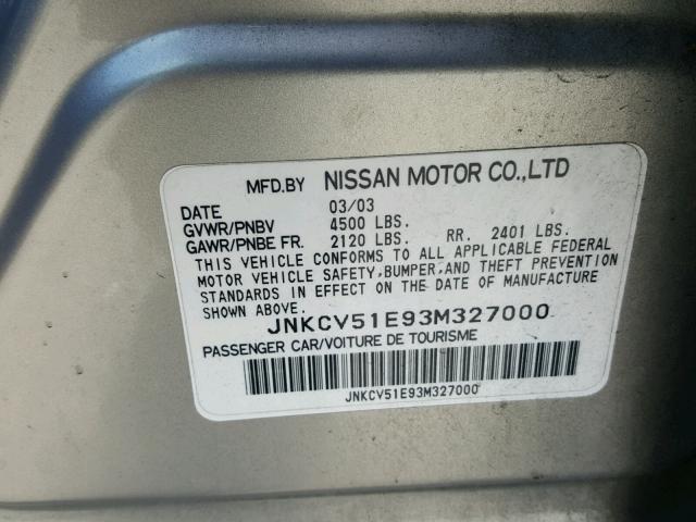 JNKCV51E93M327000 - 2003 INFINITI G35 GRAY photo 10