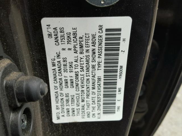 2HGFB2F51EH547981 - 2014 HONDA CIVIC LX BROWN photo 10