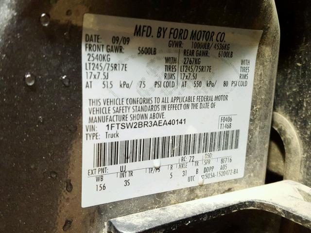 1FTSW2BR3AEA40141 - 2010 FORD F250 SUPER GRAY photo 10