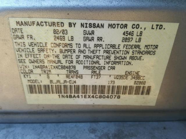 1N4BA41EX4C804078 - 2004 NISSAN MAXIMA SE SILVER photo 10