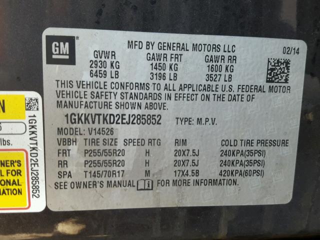 1GKKVTKD2EJ285852 - 2014 GMC ACADIA DEN BLACK photo 10