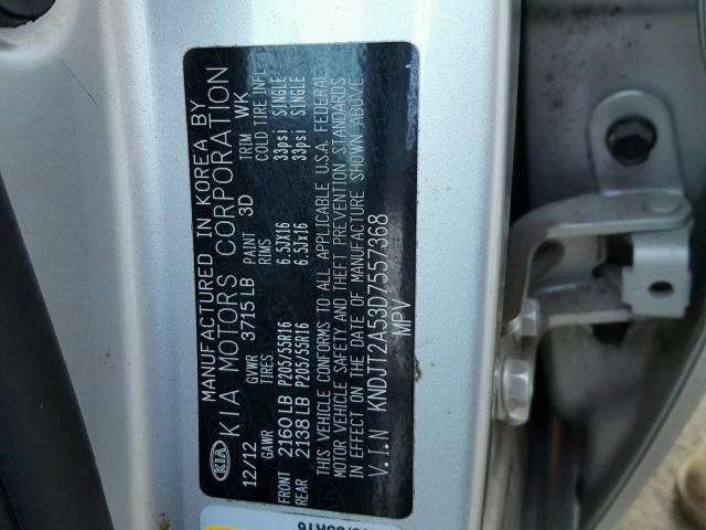 KNDJT2A53D7557368 - 2013 KIA SOUL SILVER photo 10