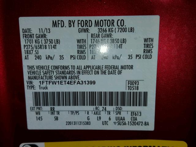 1FTFW1ET4EFA31399 - 2014 FORD F150 SUPER RED photo 10