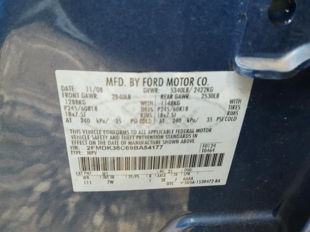 2FMDK38C69BA54177 - 2009 FORD EDGE SEL BLUE photo 10