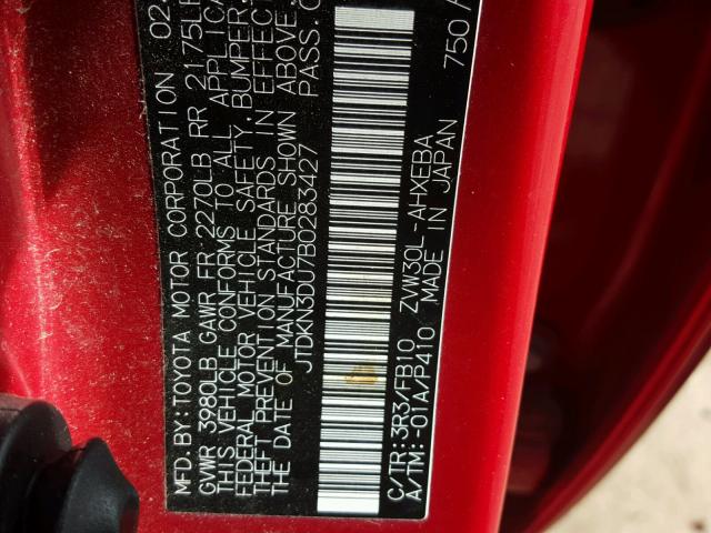 JTDKN3DU7B0283427 - 2011 TOYOTA PRIUS RED photo 10