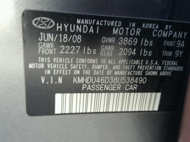 KMHDU46D38U538490 - 2008 HYUNDAI ELANTRA GL GRAY photo 10