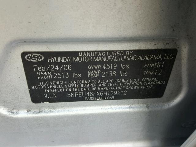 5NPEU46FX6H129212 - 2006 HYUNDAI SONATA GLS SILVER photo 10