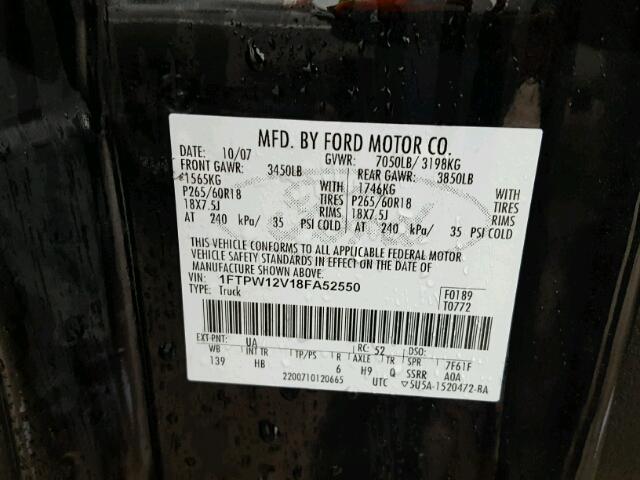 1FTPW12V18FA52550 - 2008 FORD F150 SUPER BLACK photo 10