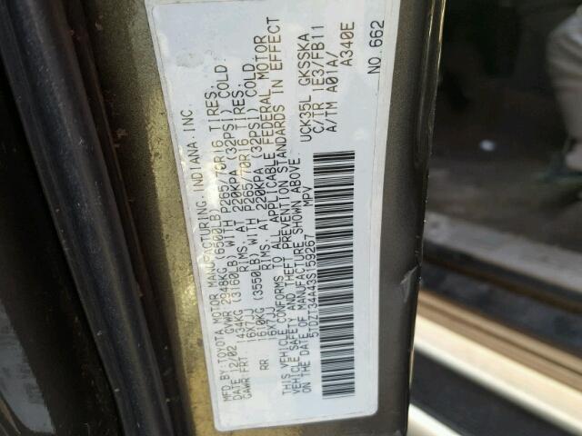 5TDZT34A43S159267 - 2003 TOYOTA SEQUOIA SR GRAY photo 10