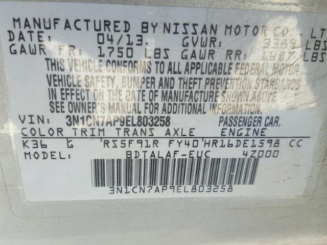 3N1CN7AP9EL803258 - 2014 NISSAN VERSA S GRAY photo 10