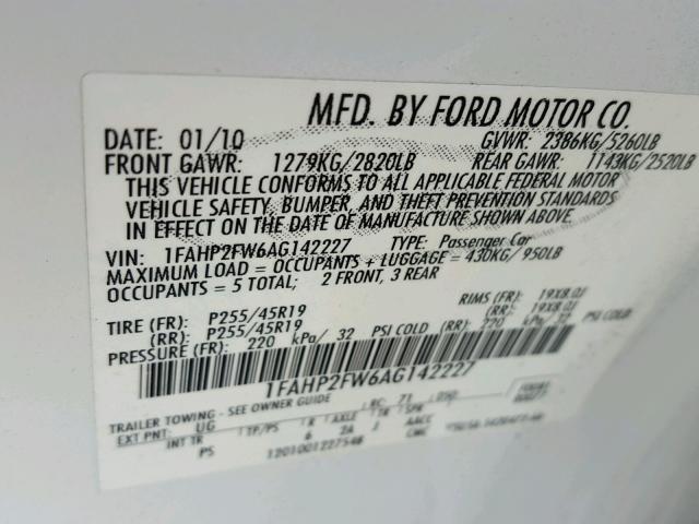 1FAHP2FW6AG142227 - 2010 FORD TAURUS LIM WHITE photo 10