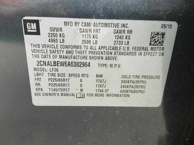 2CNALBEW6A6382964 - 2010 CHEVROLET EQUINOX LS GRAY photo 10