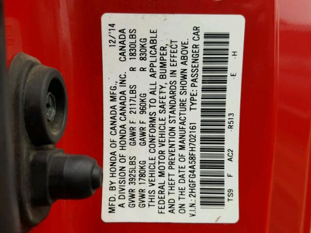 2HGFG4A58FH702161 - 2015 HONDA CIVIC SI RED photo 10