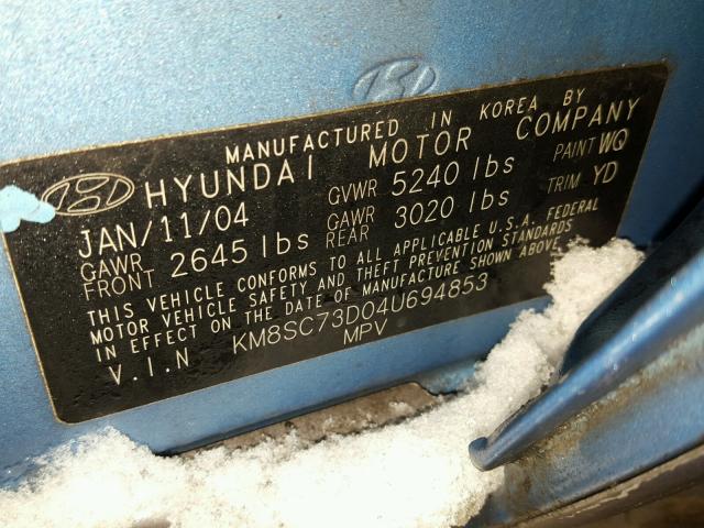 KM8SC73D04U694853 - 2004 HYUNDAI SANTA FE G BLUE photo 10