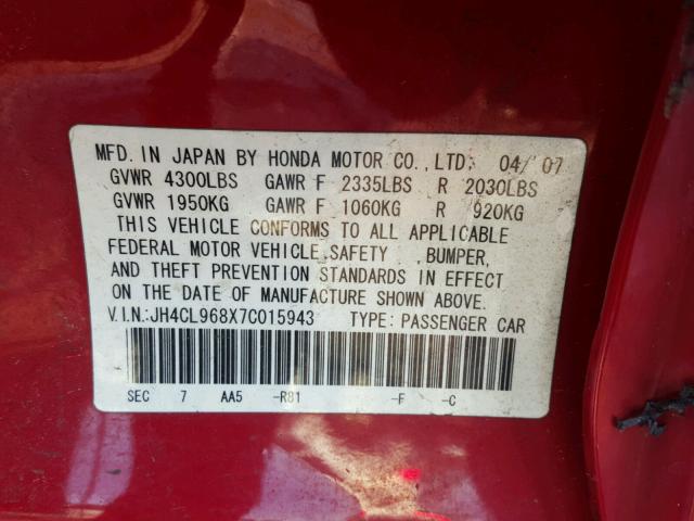 JH4CL968X7C015943 - 2007 ACURA TSX RED photo 10