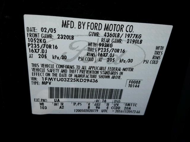 1FMYU03Z25KD29436 - 2005 FORD ESCAPE XLT BLACK photo 10