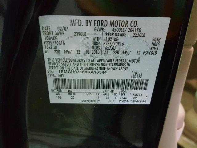 1FMCU03168KA16544 - 2008 FORD ESCAPE XLT BLACK photo 10