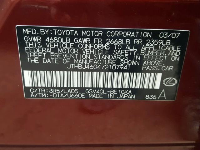 JTHBJ46G472107941 - 2007 LEXUS ES 350 BURGUNDY photo 10