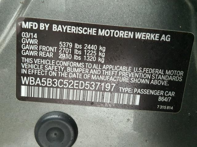 WBA5B3C52ED537197 - 2014 BMW 535 XI GRAY photo 10