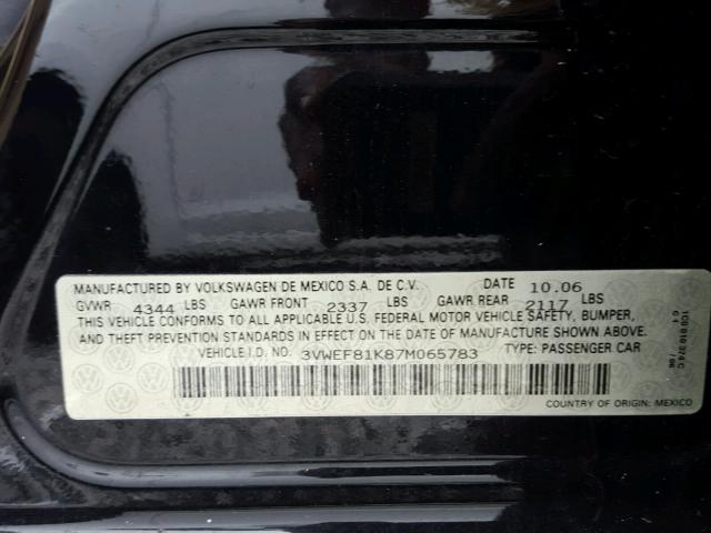 3VWEF81K87M065783 - 2007 VOLKSWAGEN JETTA WOLF BLACK photo 10