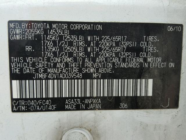 JTMBF4DV1AD039548 - 2010 TOYOTA RAV4 WHITE photo 10