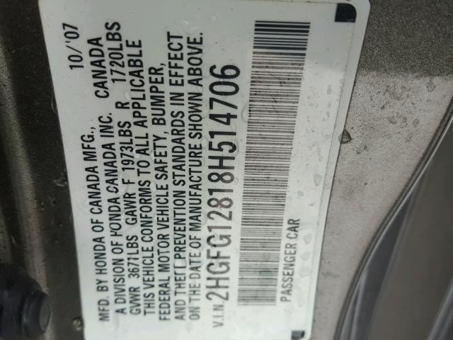 2HGFG12818H514706 - 2008 HONDA CIVIC EX GOLD photo 10