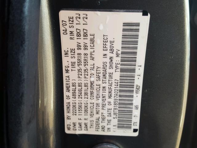 5J8TB18597A021447 - 2007 ACURA RDX TECHNO GRAY photo 10