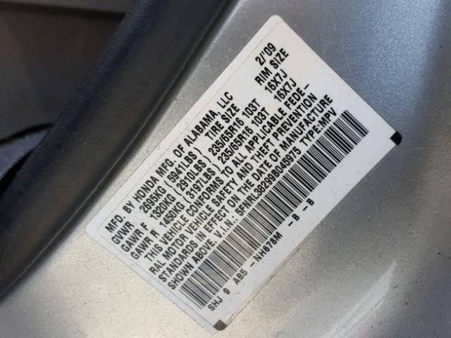 5FNRL38299B045975 - 2009 HONDA ODYSSEY LX SILVER photo 10