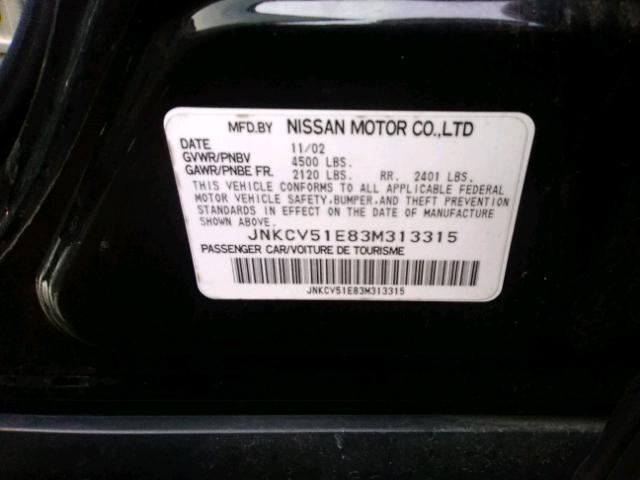 JNKCV51E83M313315 - 2003 INFINITI G35 BLACK photo 10