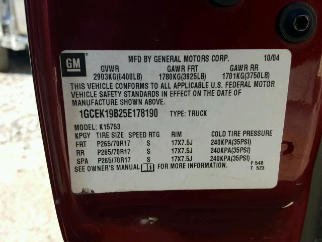 1GCEK19B25E178190 - 2005 CHEVROLET SILVERADO BURGUNDY photo 10