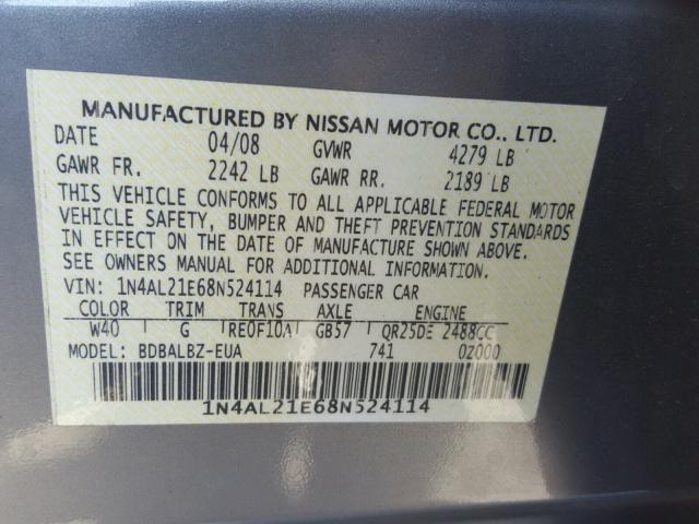 1N4AL21E68N524114 - 2008 NISSAN ALTIMA 2.5 GRAY photo 10