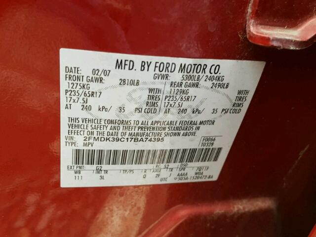 2FMDK39C17BA74395 - 2007 FORD EDGE SEL P RED photo 10