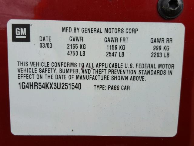 1G4HR54KX3U251540 - 2003 BUICK LESABRE LI RED photo 10