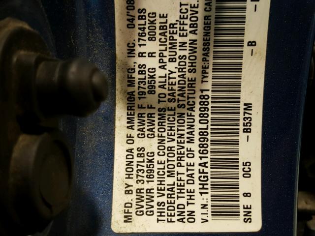 1HGFA16898L089881 - 2008 HONDA CIVIC EX ლურჯი ფოტო 10