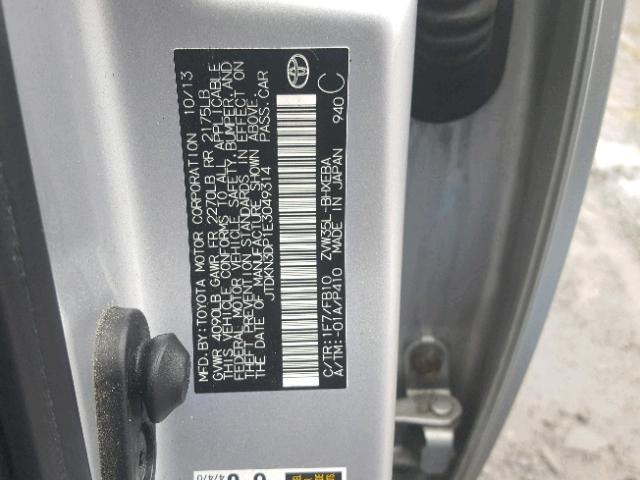 JTDKN3DP1E3049314 - 2014 TOYOTA PRIUS PLUG SILVER photo 10