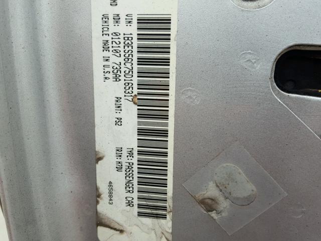 1B3ES56C75D165317 - 2005 DODGE NEON SXT SILVER photo 10