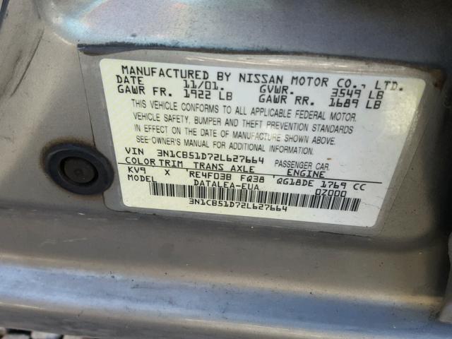 3N1CB51D72L627664 - 2002 NISSAN SENTRA XE GRAY photo 10