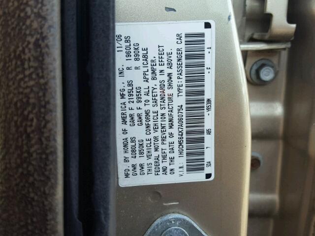 1HGCM564X7A060754 - 2007 HONDA ACCORD LX GOLD photo 10