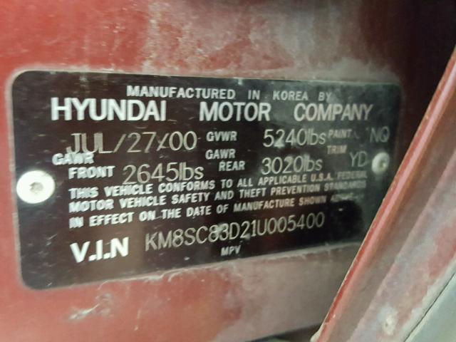 KM8SC83D21U005400 - 2001 HYUNDAI SANTA FE G RED photo 10