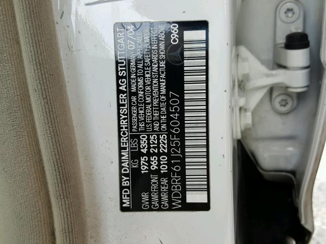 WDBRF61J25F604507 - 2005 MERCEDES-BENZ C 240 WHITE photo 10