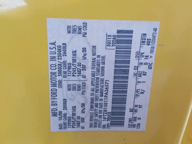 1FTZR15E11PA36571 - 2001 FORD RANGER SUP YELLOW photo 10