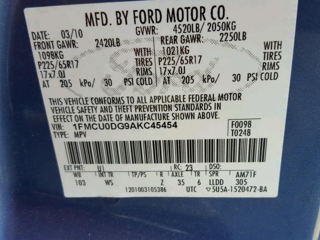 1FMCU0DG9AKC45454 - 2010 FORD ESCAPE XLT BLUE photo 10