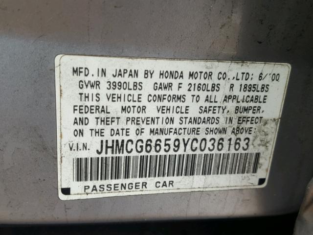 JHMCG6659YC036163 - 2000 HONDA ACCORD LX SILVER photo 10