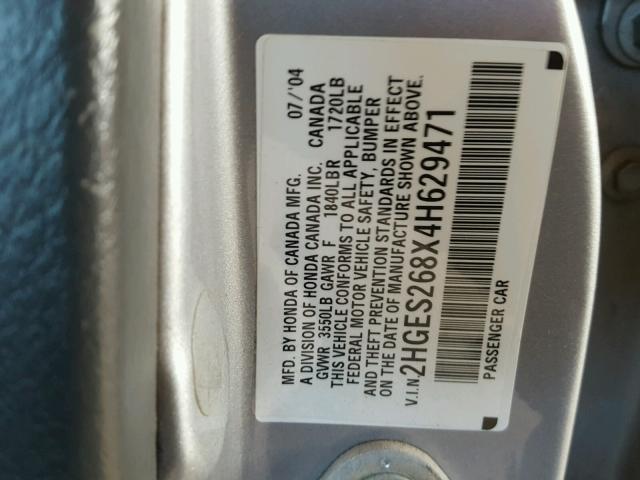 2HGES268X4H629471 - 2004 HONDA CIVIC EX ვერცხლისფერი ფოტო 10