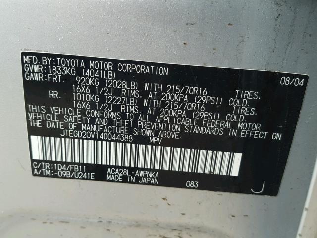 JTEGD20V140044388 - 2004 TOYOTA RAV4 SILVER photo 10