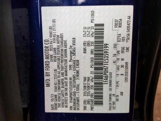 1FA6P0H71E5359199 - 2014 FORD FUSION SE BLUE photo 10