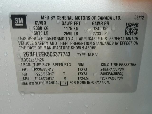 2GNFLEEK5C6377743 - 2012 CHEVROLET EQUINOX LT SILVER photo 10