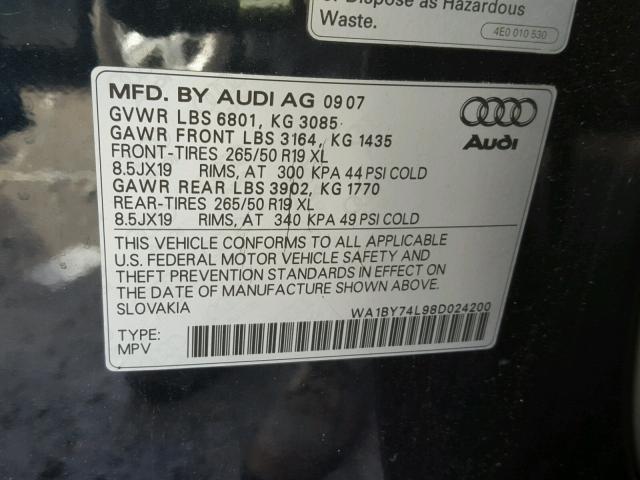 WA1BY74L98D024200 - 2008 AUDI Q7 3.6 QUA BLUE photo 10