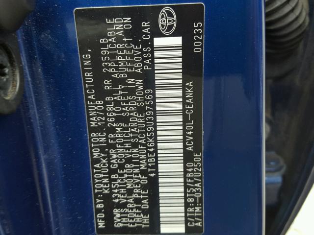 4T1BE46K59U397569 - 2009 TOYOTA CAMRY BASE BLUE photo 10